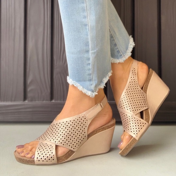 Anthropologie Shoes - Gold Criss Cross Leather Straps Cork Wedge Sandal